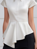 Short-Sleeve Satin Structured Peplum Blouse
