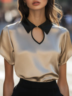 Contrast Collar Satin Keyhole Blouse