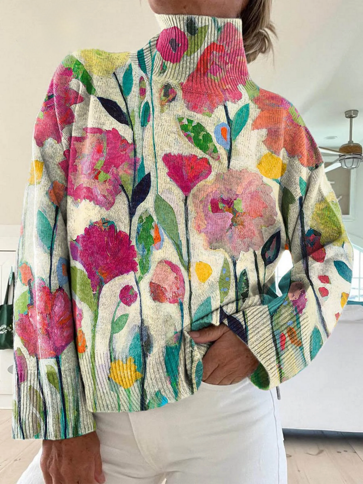 Melani™ | Vintage Floral  Abstract Art Turtleneck Sweater