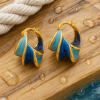 Luxe Gold Blue Wave Hoop Earrings