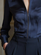 Tailored Zip-Front Long-Sleeve Fitted Blouse