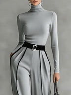 Solana - Long Sleeve Turtleneck and Wide Leg Pants Set with Belt