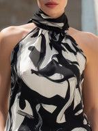 Abstract Print High-Neck Sleeveless Halter Blouse