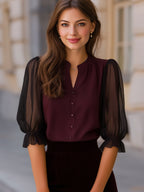 Sheer Puff Sleeve Button-Up Blouse