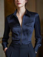 Tailored Zip-Front Long-Sleeve Fitted Blouse
