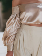 Silk-Feel Off-Shoulder Blouse With Smocked Sleeves